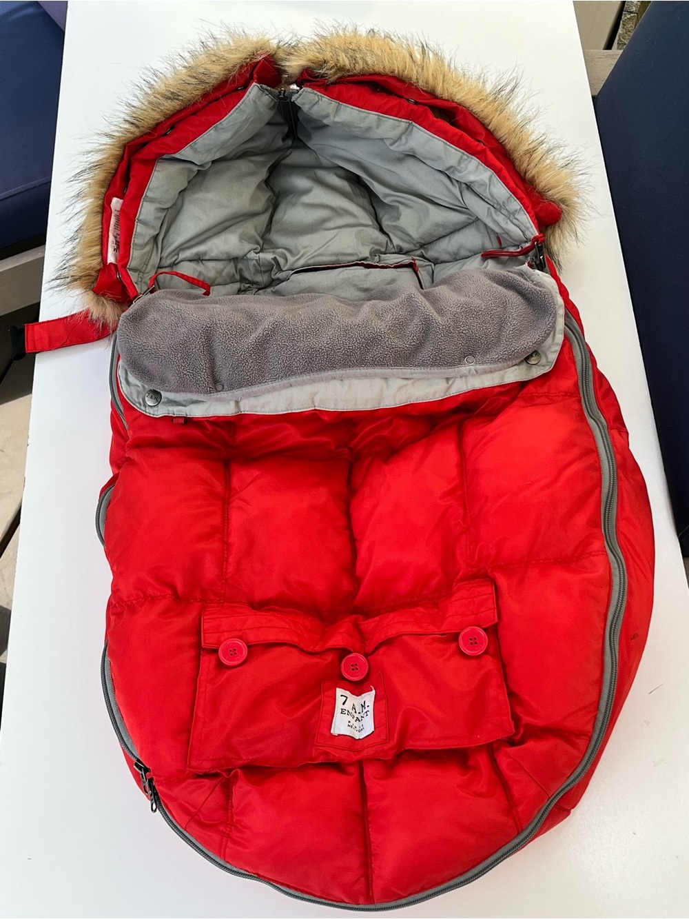 Red Infant Footmuff with Faux Fur Hood